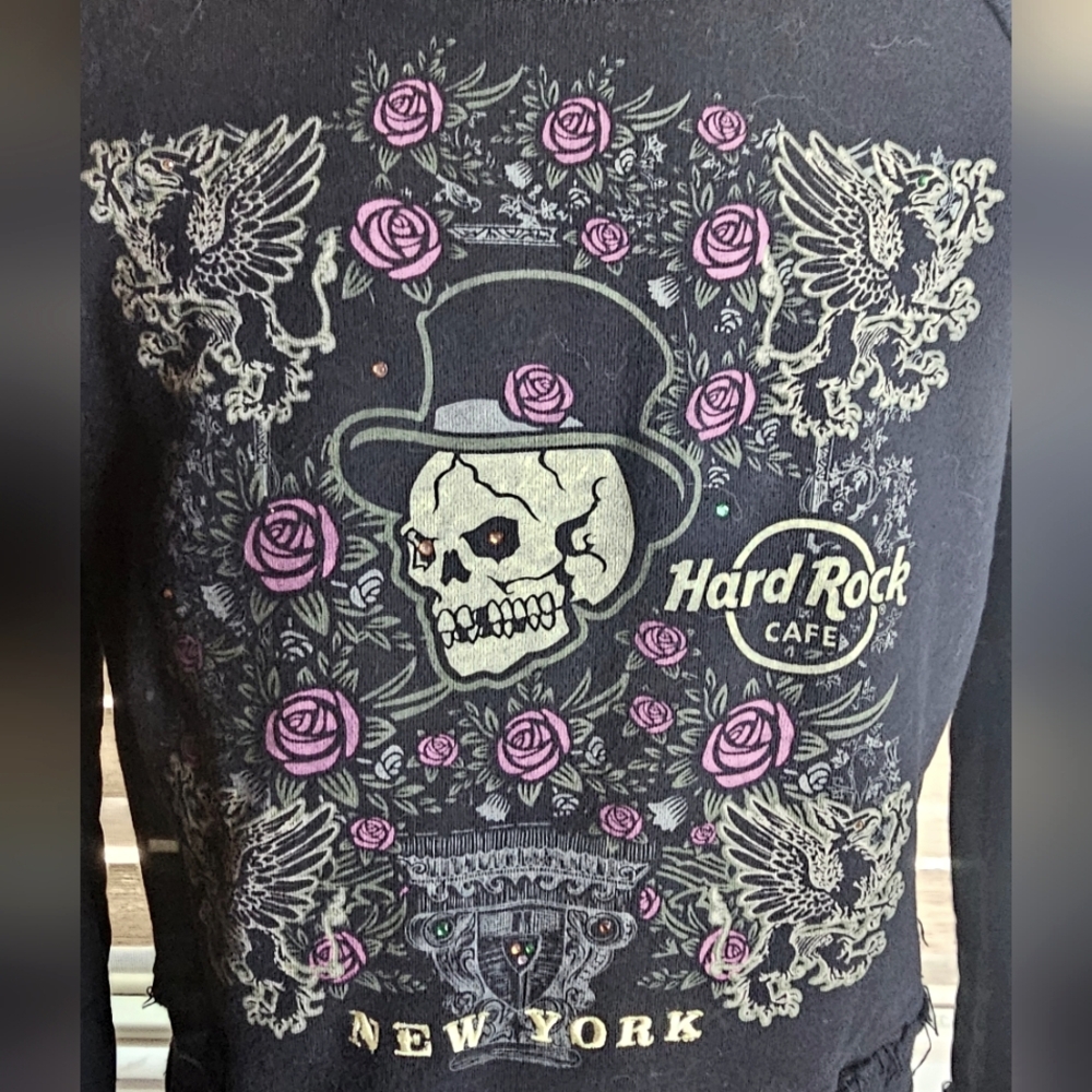 Hard Rock Cafe New York skeleton zip-up hoodie black purple distressed jacket - Picture 2 of 11